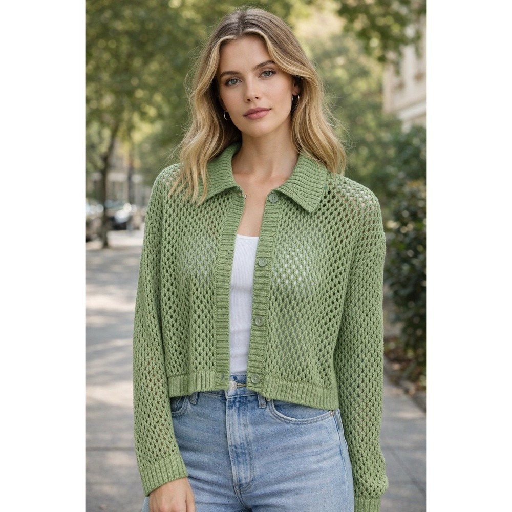 H&M Green Mesh Knit Cropped Cardigan Sheer Button Front Coquette Boho Chic Sz M